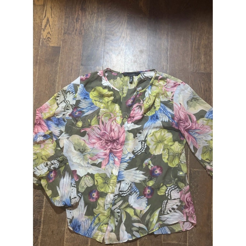 White House Black Market Sheer Chiffon Butterfly Floral Blouse Ruffle Sleeve Xs